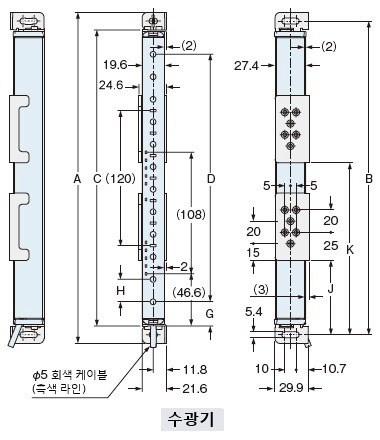 그림은 표준 설치 브래킷 MS-SF4BC-1(별매)과 표준 설치 브래킷용 중간 지지 브래킷 MS-SF4BC-5(별매)를 사용하여 측면 설치를 하는 경우입니다.