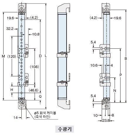 그림은 뒷면용 다용도 설치 브래킷 MS-SF4BC-2(별매)와 다용도 설치 브래킷용 중간 지지 브래킷 MS-SF4BC-4(별매)를 사용하여 뒷면 설치를 하는 경우입니다.