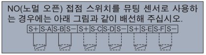 NO(노멀 오픈) 접점 스위치를 뮤팅 센서로 사용하는 경우에는 아래 그림과 같이 배선해 주십시오.